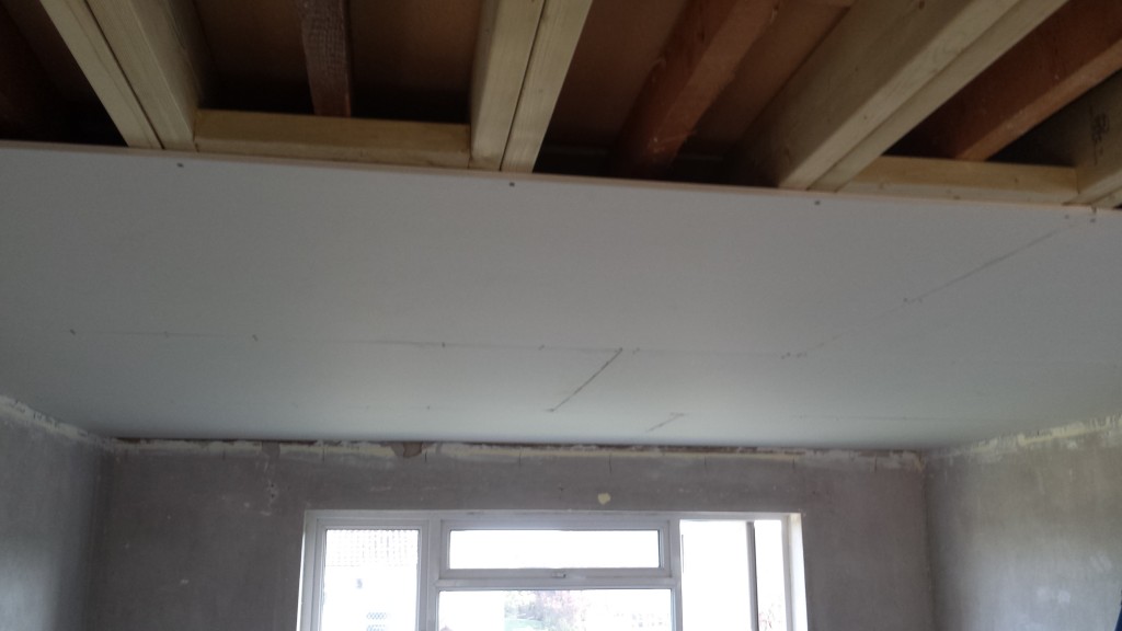Plasterboarding a ceiling