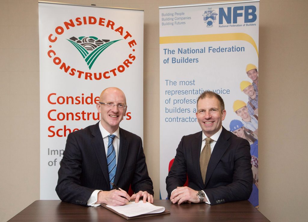 Real industry collaboration to offer members greater benefits     London, United Kingdom, 21 November 2016: The Considerate Constructors Scheme - the national scheme established by the construction industry to improve its image - and the National Federation of Builders (NFB) – the construction industry’s longest established trade association - have formed a partnership to promote best practice and raise standards across construction industry SMEs.     This first, truly ground-breaking collaboration between two construction industry organisations heralds a new way in which like-minded organisations can work effectively together to offer greater benefits to members, at no additional cost.      The partnership will provide NFB members, with a turnover banding of £500,000 to £3.5 million, free Company Registration with the Considerate Constructors Scheme. It will come in to effect from 1 January 2017.      By becoming a registered company, NFB members (in this banding) will have the opportunity to demonstrate their commitment to improving the image of the industry. Scheme-registered companies voluntarily agree to abide by its Code of Considerate Practice. The Code commits those registered with the Scheme to care about appearance, respect the community, protect the environment, secure everyone’s safety and value their workforce.     Considerate Constructors Scheme Chief Executive Edward Hardy said: “SMEs are a critical part of the construction industry’s future success. They have a huge role and responsibility to continually raise their standards and, in doing so, make a valued contribution to improving the image of the industry.     “The NFB provides a great platform for the Considerate Constructors Scheme to help support SMEs in championing the principles of considerate construction. We are therefore delighted to establish this partnership with the NFB.”      Richard Beresford, Chief Executive of the NFB said: “We’re delighted to join forces with the Considerate Constructors Scheme to offer added value to our members. NFB members pride themselves on their professionalism and ability to deliver exceptional quality, so it’s great that their efforts can now be recognised as part of the Scheme.   “SMEs often miss out on opportunities simply because they don’t have the resources to complete the multitude of registrations and benchmarking initiatives available in the industry. By collaborating in this way, we hope to reduce this burden and improve access to opportunities, working towards achieving a fair playing field for SMEs in construction.”   A record number of over 900 company registrations have been made with the Scheme so far this year, with a total of more than 4,100 company registrations taking place since this type of registration was introduced by the Scheme in 2009. 